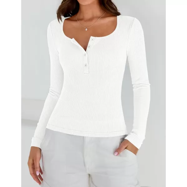 ZESICA Womens Long Sleeve Button Ribbed Shirts 2024 Fall Scoop Neck Casual Henly TopsWhite