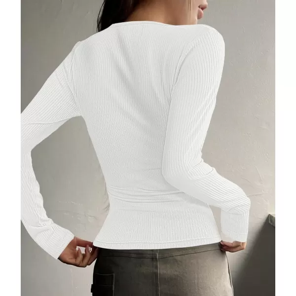 ZESICA Womens Long Sleeve Button Ribbed Shirts 2024 Fall Scoop Neck Casual Henly TopsWhite