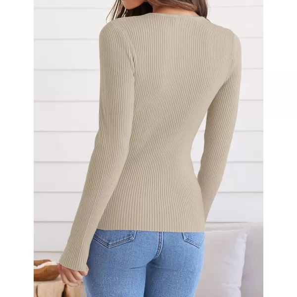 ZESICA Womens Long Sleeve Crewneck Shirts 2024 Fall Knit Sweater Slim Fitted Casual Basic Tee TopsAlmond