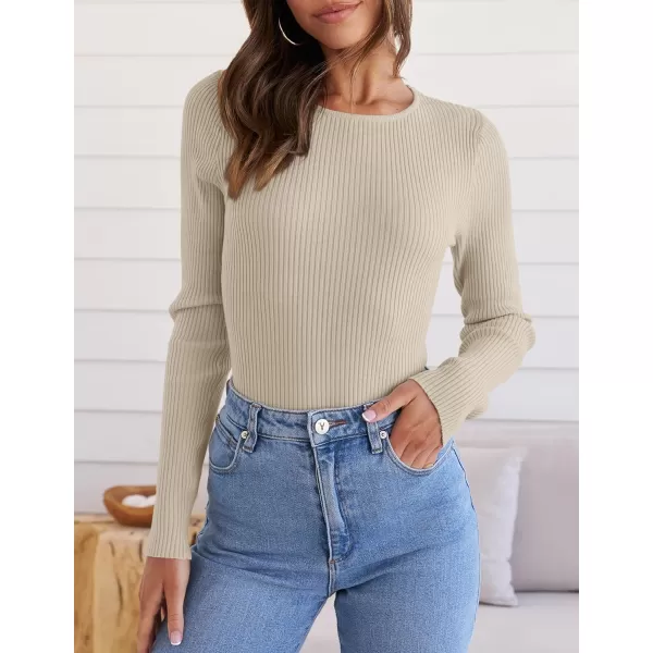 ZESICA Womens Long Sleeve Crewneck Shirts 2024 Fall Knit Sweater Slim Fitted Casual Basic Tee TopsAlmond