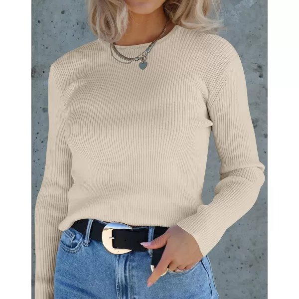 ZESICA Womens Long Sleeve Crewneck Shirts 2024 Fall Knit Sweater Slim Fitted Casual Basic Tee TopsAlmond