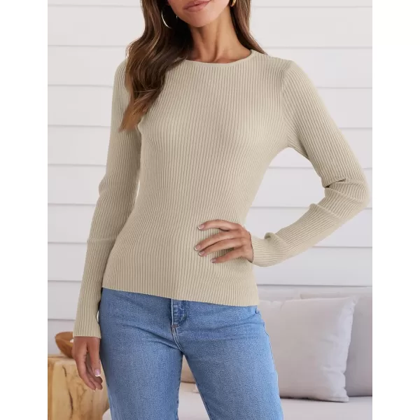 ZESICA Womens Long Sleeve Crewneck Shirts 2024 Fall Knit Sweater Slim Fitted Casual Basic Tee TopsAlmond