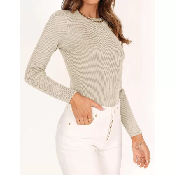 ZESICA Womens Long Sleeve Crewneck Shirts 2024 Fall Knit Sweater Slim Fitted Casual Basic Tee TopsAlmond
