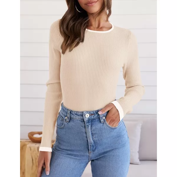 ZESICA Womens Long Sleeve Crewneck Shirts 2024 Fall Knit Sweater Slim Fitted Casual Basic Tee TopsApricot