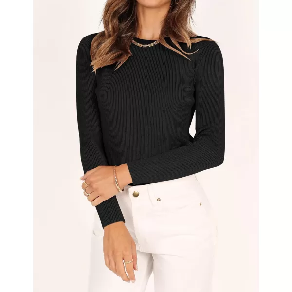 ZESICA Womens Long Sleeve Crewneck Shirts 2024 Fall Knit Sweater Slim Fitted Casual Basic Tee TopsBlack