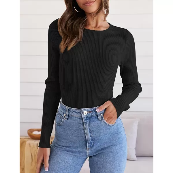 ZESICA Womens Long Sleeve Crewneck Shirts 2024 Fall Knit Sweater Slim Fitted Casual Basic Tee TopsBlack