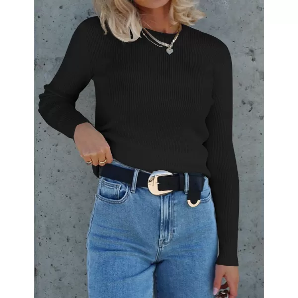 ZESICA Womens Long Sleeve Crewneck Shirts 2024 Fall Knit Sweater Slim Fitted Casual Basic Tee TopsBlack