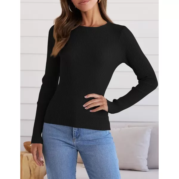 ZESICA Womens Long Sleeve Crewneck Shirts 2024 Fall Knit Sweater Slim Fitted Casual Basic Tee TopsBlack