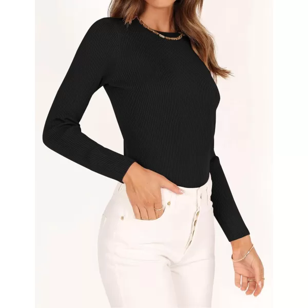 ZESICA Womens Long Sleeve Crewneck Shirts 2024 Fall Knit Sweater Slim Fitted Casual Basic Tee TopsBlack