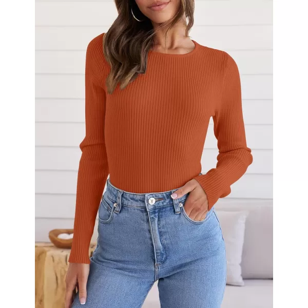 ZESICA Womens Long Sleeve Crewneck Shirts 2024 Fall Knit Sweater Slim Fitted Casual Basic Tee TopsCaramel