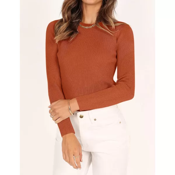 ZESICA Womens Long Sleeve Crewneck Shirts 2024 Fall Knit Sweater Slim Fitted Casual Basic Tee TopsCaramel