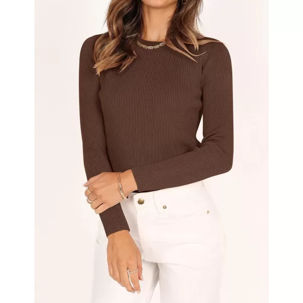 ZESICA Womens Long Sleeve Crewneck Shirts 2024 Fall Knit Sweater Slim Fitted Casual Basic Tee TopsCoffee
