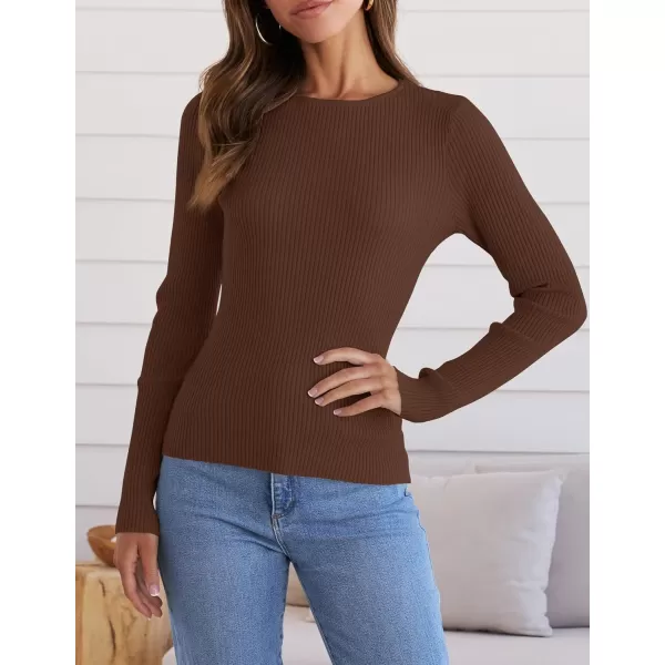 ZESICA Womens Long Sleeve Crewneck Shirts 2024 Fall Knit Sweater Slim Fitted Casual Basic Tee TopsCoffee