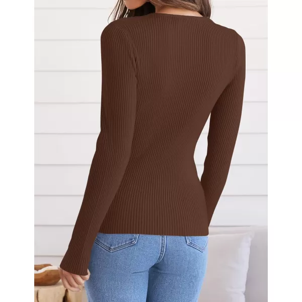 ZESICA Womens Long Sleeve Crewneck Shirts 2024 Fall Knit Sweater Slim Fitted Casual Basic Tee TopsCoffee