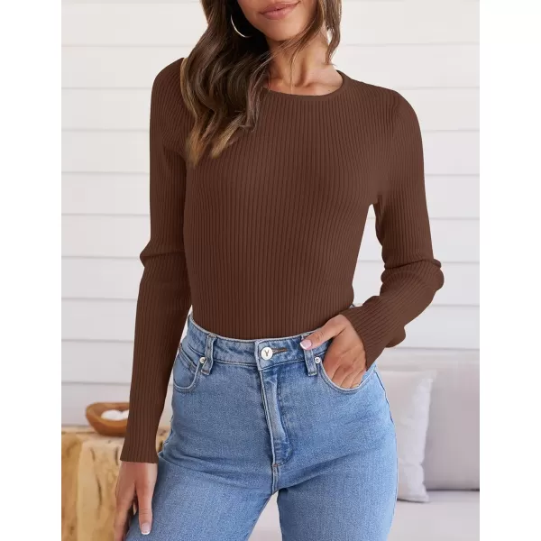 ZESICA Womens Long Sleeve Crewneck Shirts 2024 Fall Knit Sweater Slim Fitted Casual Basic Tee TopsCoffee