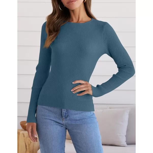 ZESICA Womens Long Sleeve Crewneck Shirts 2024 Fall Knit Sweater Slim Fitted Casual Basic Tee TopsDarkblue