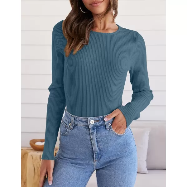 ZESICA Womens Long Sleeve Crewneck Shirts 2024 Fall Knit Sweater Slim Fitted Casual Basic Tee TopsDarkblue
