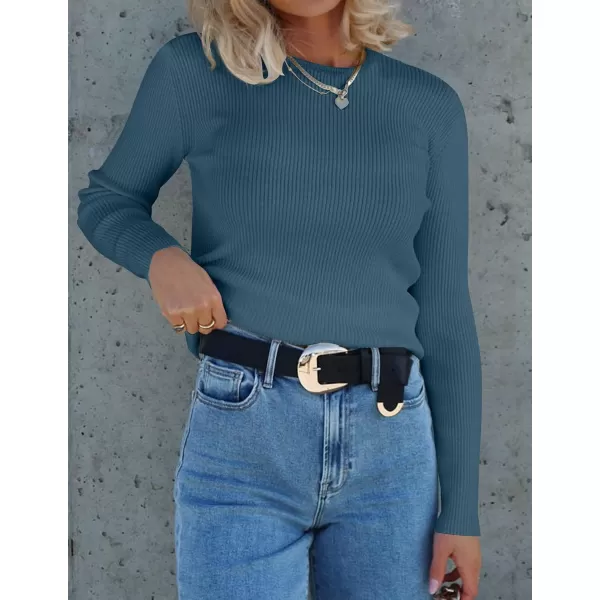 ZESICA Womens Long Sleeve Crewneck Shirts 2024 Fall Knit Sweater Slim Fitted Casual Basic Tee TopsDarkblue