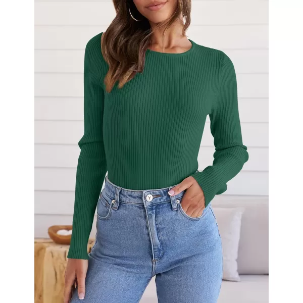 ZESICA Womens Long Sleeve Crewneck Shirts 2024 Fall Knit Sweater Slim Fitted Casual Basic Tee TopsDarkgreen