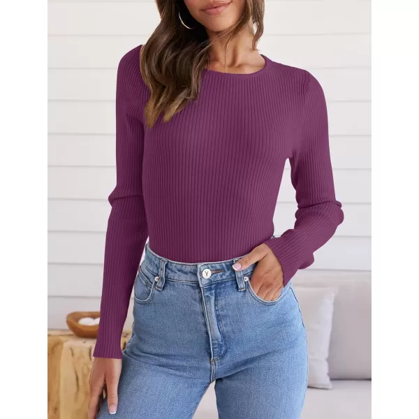 ZESICA Womens Long Sleeve Crewneck Shirts 2024 Fall Knit Sweater Slim Fitted Casual Basic Tee TopsFuchsia