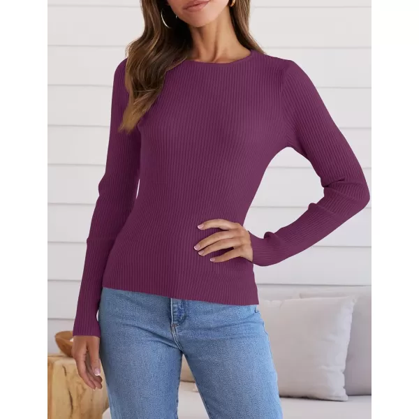 ZESICA Womens Long Sleeve Crewneck Shirts 2024 Fall Knit Sweater Slim Fitted Casual Basic Tee TopsFuchsia