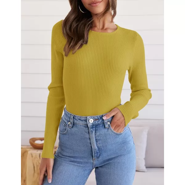 ZESICA Womens Long Sleeve Crewneck Shirts 2024 Fall Knit Sweater Slim Fitted Casual Basic Tee TopsGinger