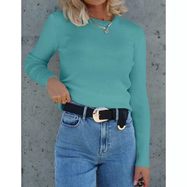 ZESICA Womens Long Sleeve Crewneck Shirts 2024 Fall Knit Sweater Slim Fitted Casual Basic Tee TopsLake