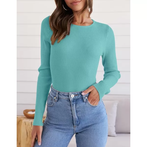 ZESICA Womens Long Sleeve Crewneck Shirts 2024 Fall Knit Sweater Slim Fitted Casual Basic Tee TopsLake