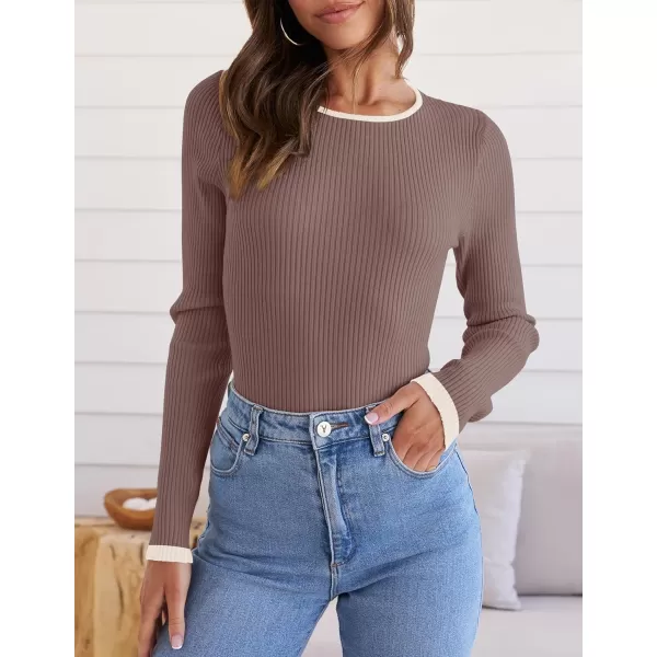 ZESICA Womens Long Sleeve Crewneck Shirts 2024 Fall Knit Sweater Slim Fitted Casual Basic Tee TopsMocha