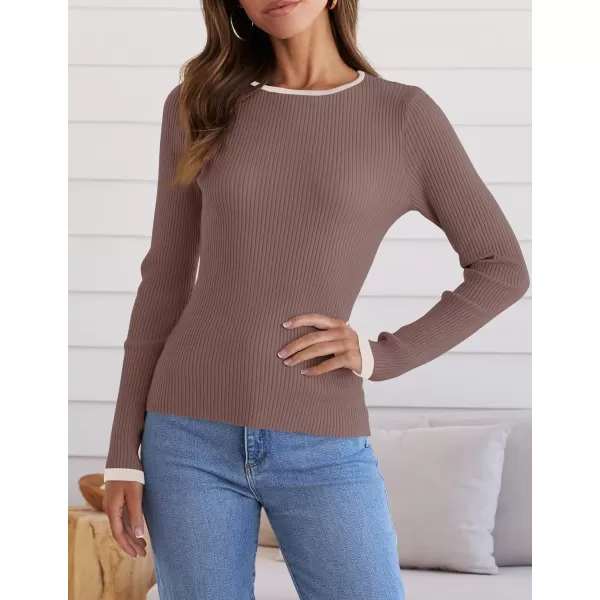 ZESICA Womens Long Sleeve Crewneck Shirts 2024 Fall Knit Sweater Slim Fitted Casual Basic Tee TopsMocha