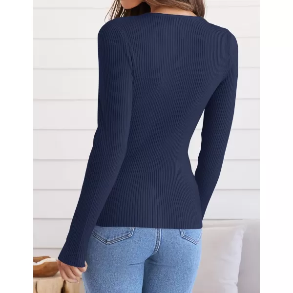 ZESICA Womens Long Sleeve Crewneck Shirts 2024 Fall Knit Sweater Slim Fitted Casual Basic Tee TopsNavy