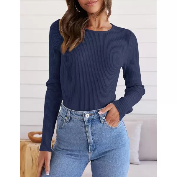 ZESICA Womens Long Sleeve Crewneck Shirts 2024 Fall Knit Sweater Slim Fitted Casual Basic Tee TopsNavy