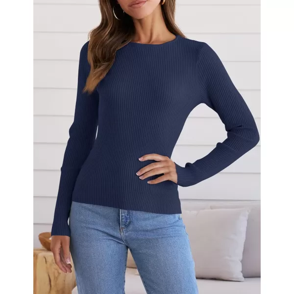 ZESICA Womens Long Sleeve Crewneck Shirts 2024 Fall Knit Sweater Slim Fitted Casual Basic Tee TopsNavy