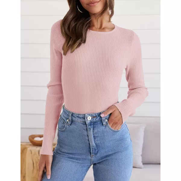 ZESICA Womens Long Sleeve Crewneck Shirts 2024 Fall Knit Sweater Slim Fitted Casual Basic Tee TopsPink