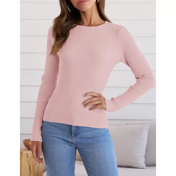 ZESICA Womens Long Sleeve Crewneck Shirts 2024 Fall Knit Sweater Slim Fitted Casual Basic Tee TopsPink