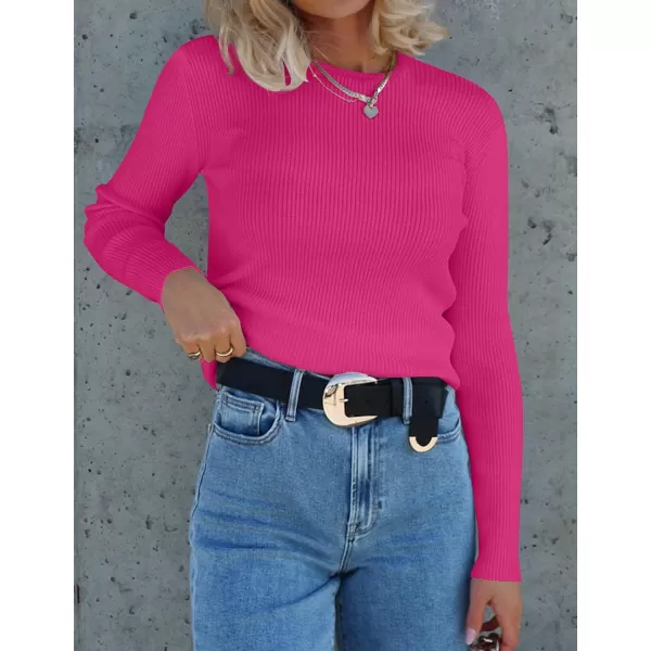 ZESICA Womens Long Sleeve Crewneck Shirts 2024 Fall Knit Sweater Slim Fitted Casual Basic Tee TopsRose