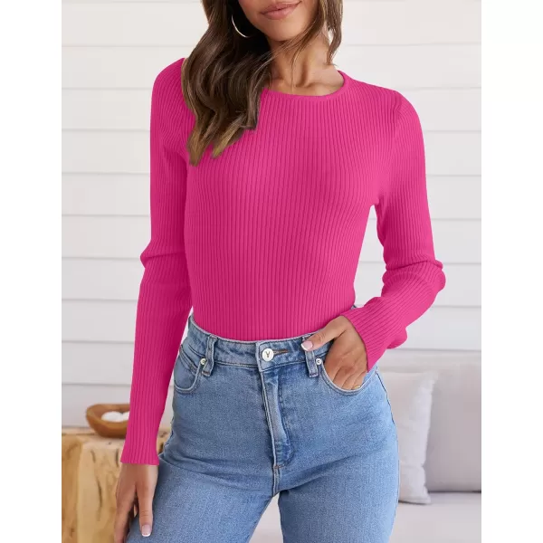 ZESICA Womens Long Sleeve Crewneck Shirts 2024 Fall Knit Sweater Slim Fitted Casual Basic Tee TopsRose