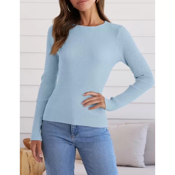 ZESICA Womens Long Sleeve Crewneck Shirts 2024 Fall Knit Sweater Slim Fitted Casual Basic Tee TopsSky