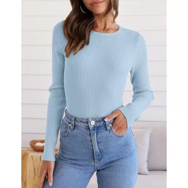 ZESICA Womens Long Sleeve Crewneck Shirts 2024 Fall Knit Sweater Slim Fitted Casual Basic Tee TopsSky