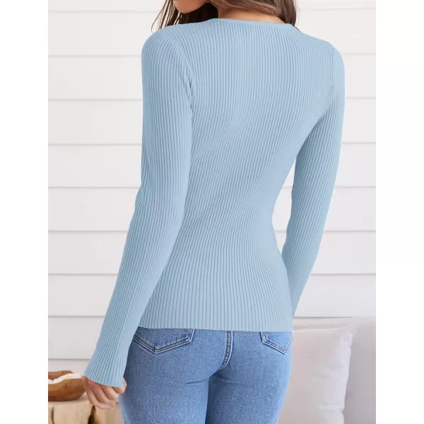 ZESICA Womens Long Sleeve Crewneck Shirts 2024 Fall Knit Sweater Slim Fitted Casual Basic Tee TopsSky