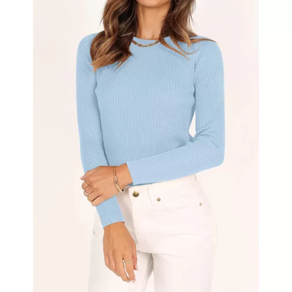 ZESICA Womens Long Sleeve Crewneck Shirts 2024 Fall Knit Sweater Slim Fitted Casual Basic Tee TopsSky