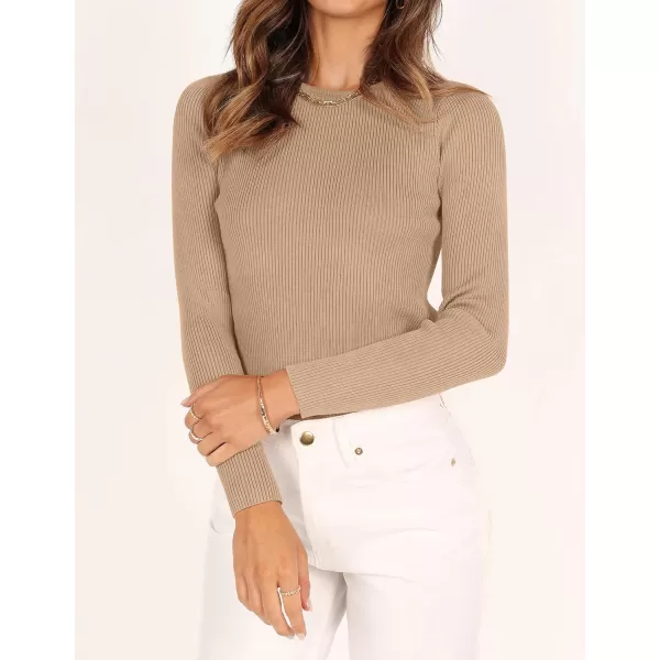 ZESICA Womens Long Sleeve Crewneck Shirts 2024 Fall Knit Sweater Slim Fitted Casual Basic Tee TopsToffee