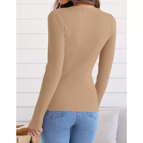 ZESICA Womens Long Sleeve Crewneck Shirts 2024 Fall Knit Sweater Slim Fitted Casual Basic Tee TopsToffee
