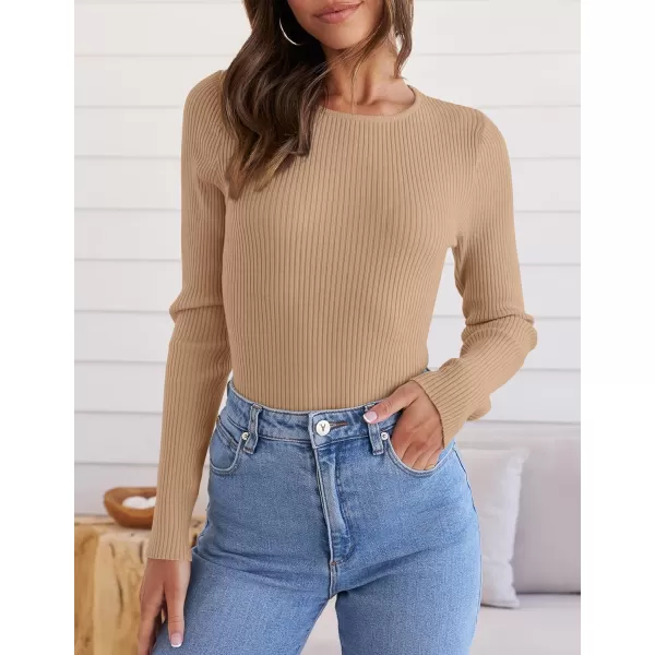 ZESICA Womens Long Sleeve Crewneck Shirts 2024 Fall Knit Sweater Slim Fitted Casual Basic Tee TopsToffee
