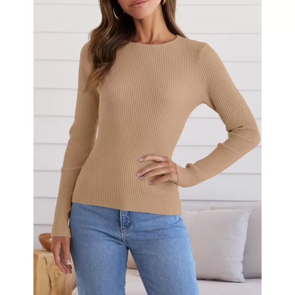 ZESICA Womens Long Sleeve Crewneck Shirts 2024 Fall Knit Sweater Slim Fitted Casual Basic Tee TopsToffee