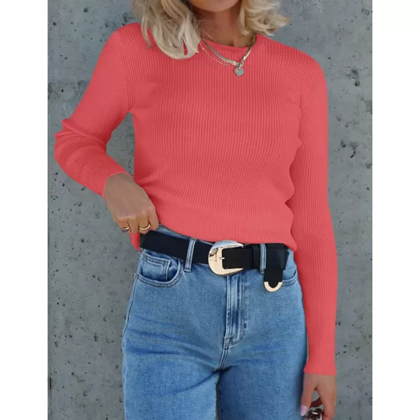 ZESICA Womens Long Sleeve Crewneck Shirts 2024 Fall Knit Sweater Slim Fitted Casual Basic Tee TopsWatermelon
