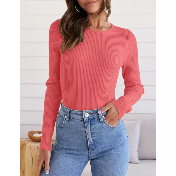 ZESICA Womens Long Sleeve Crewneck Shirts 2024 Fall Knit Sweater Slim Fitted Casual Basic Tee TopsWatermelon