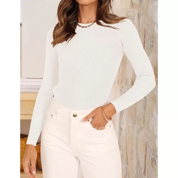 ZESICA Womens Long Sleeve Crewneck Shirts 2024 Fall Knit Sweater Slim Fitted Casual Basic Tee TopsWhite