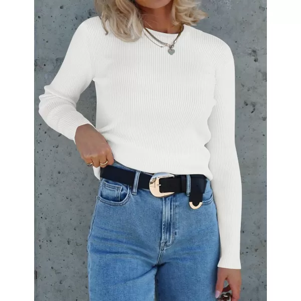 ZESICA Womens Long Sleeve Crewneck Shirts 2024 Fall Knit Sweater Slim Fitted Casual Basic Tee TopsWhite