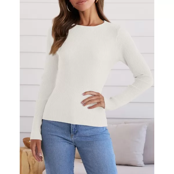 ZESICA Womens Long Sleeve Crewneck Shirts 2024 Fall Knit Sweater Slim Fitted Casual Basic Tee TopsWhite